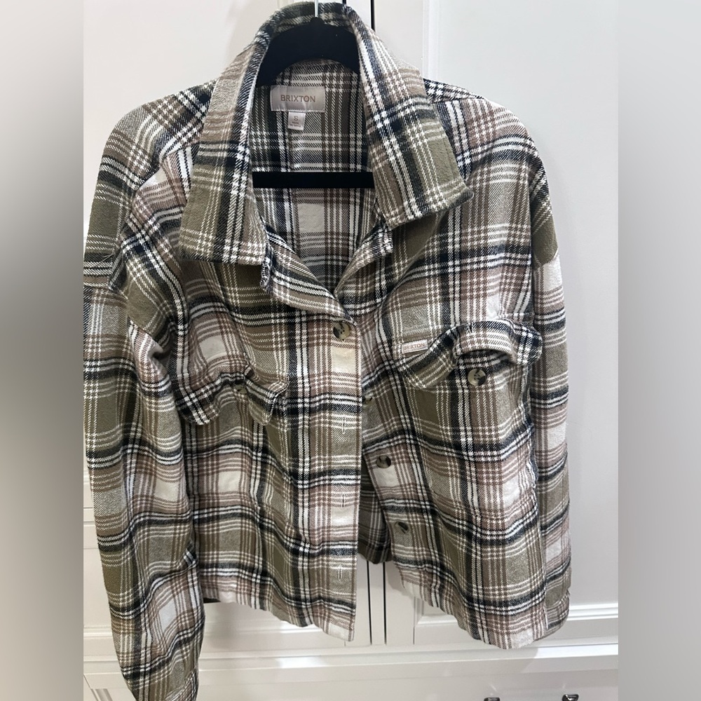 Brixton Women's Plaid cropped flannel - Green and White